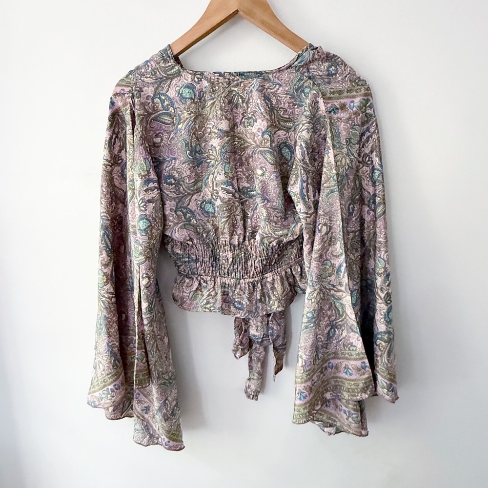 Earthbound Paisley Crop Top Medium Boho Bell Sleeve Tie Front Hippie Festival - Picture 7 of 8
